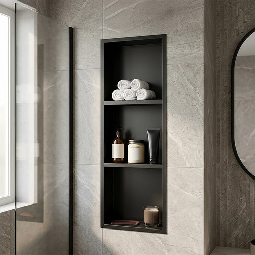 90cm Black Recessed Shower Niche 3-Tier Stainless Steel Bathroom Wall Storage Shelf