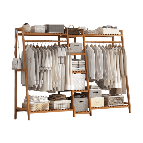 Portable Clothes Rack Coat Garment Stand Bamboo Rail - Dark Wood