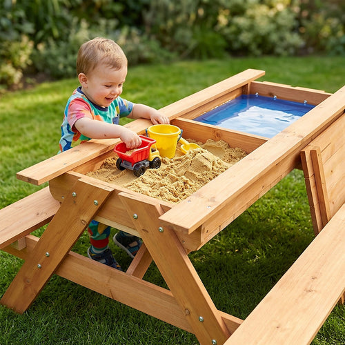 Sand & Water Wooden Picnic Table – Outdoor Play Activity Table for Kids with Bench Seating