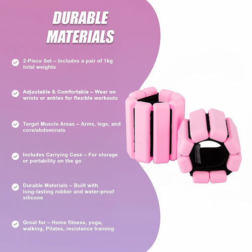 2-Piece Ankle & Wrist Weights – 1kg Pair Adjustable Workout Bangles Pink for Fitness Training