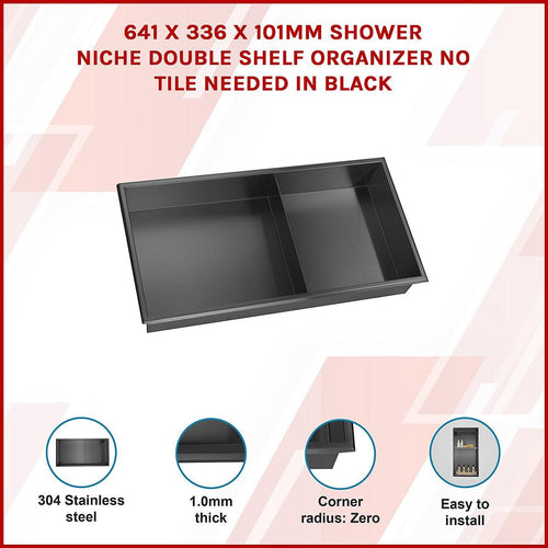 641 x 336 x 101mm Shower Niche Double Shelf Organizer No Tile Needed in Black 