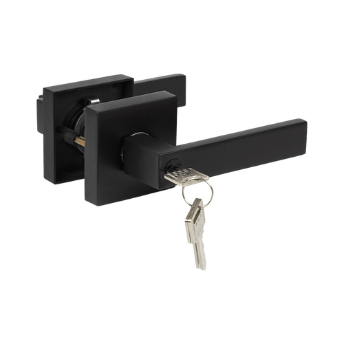 Door Handle Set Lever Key Lock Function Square Black