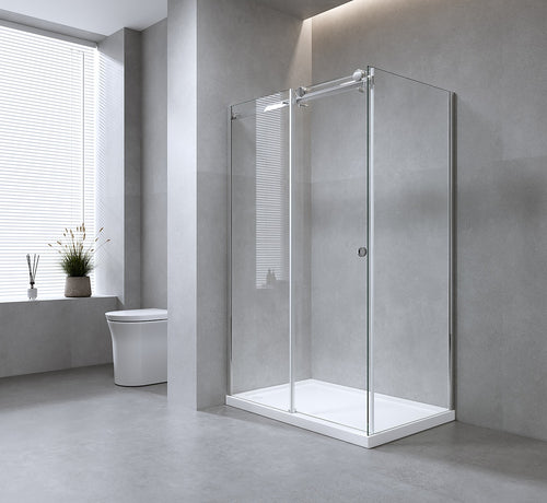 140x90cm Frameless Glass Sliding Corner Shower – With White Rail and U-brackets for Contemporary Bathrooms