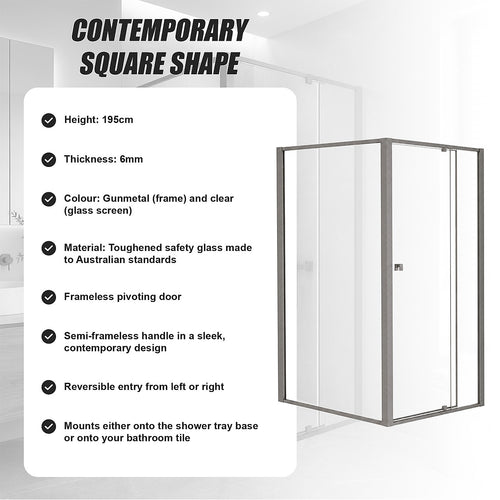 Semi-Frameless Shower Screen – Gunmetal, Front: (82~90)x195cm, Side: (98~101)x195cm