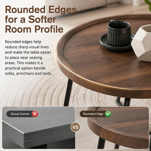 Round Side Table with Wood-Look Tray Top & Black Frame