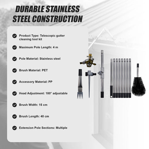 4M Telescopic Gutter Cleaning Tool Kit with Brush, Rake & Pole