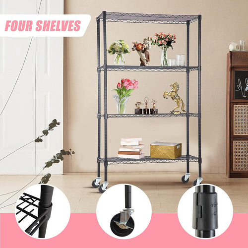 Modular Wire Storage Shelf 1200 x 600 x 1800mm Steel Shelving - Baking Black Technology with Wheels