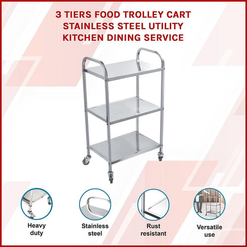 3 Tiers Food Trolley Cart Stainless Steel Utility Kitchen Dining Service