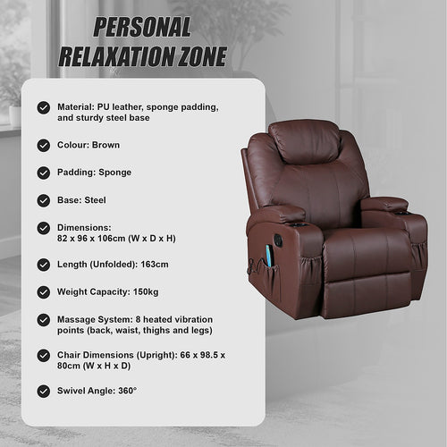 Heated Massage Chair – Brown PU Leather 360° Swivel Recliner
