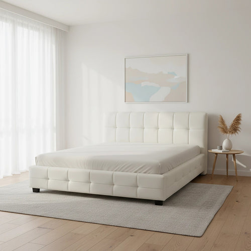 Double Deluxe White PU Leather Upholstered Bed Frame with Headboard & Slats