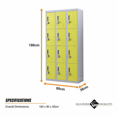 12-Door Steel Locker – Grey with Yellow Door, 4-Digit Combination Lock