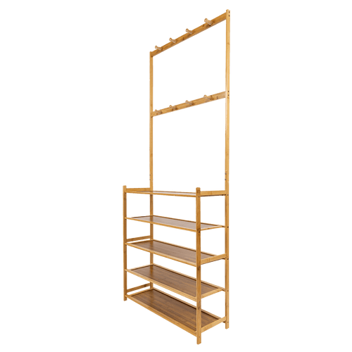 Large Wooden 5 Tiers Hat Coat Stand Clothes Shoe Rack Hanger Hooks Shelf Storage