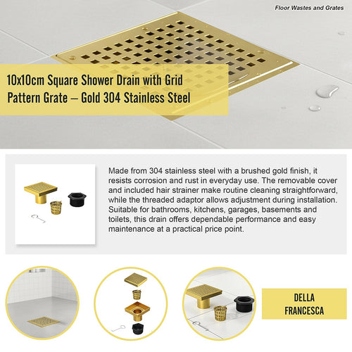 10 x 10cm Square Shower Drain with Grid Pattern Grate – Brushed Gold Stainless Steel