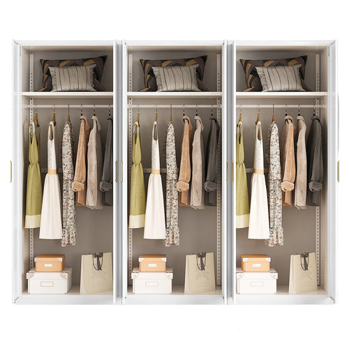240x200cm 6-Door White Steel Hanging Wardrobe with Gold Handle Storage Cabinet