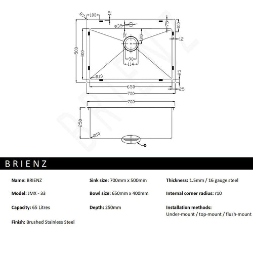 700x500mm Stainless Steel Handmade 1.5mm Sink with Waste in Stainless Steel with brushed finish Finish