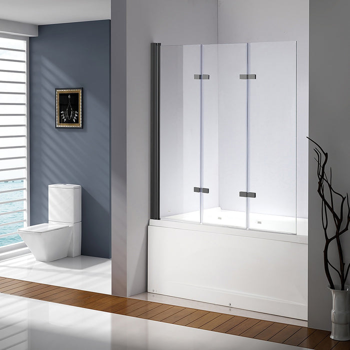 3 Fold Black Folding Bath Shower Screen Door Panel - 130 x 140cm