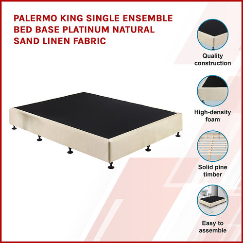 King Single Slatted Ensemble Bed Base - Platinum Natural Sand Linen Breathable Cover