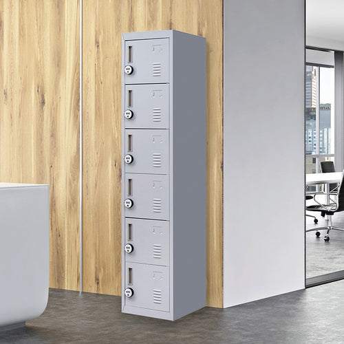 6-Door Grey Metal Locker Cabinet – Vertical Storage with 4-Digit Combination Lock for Office, School