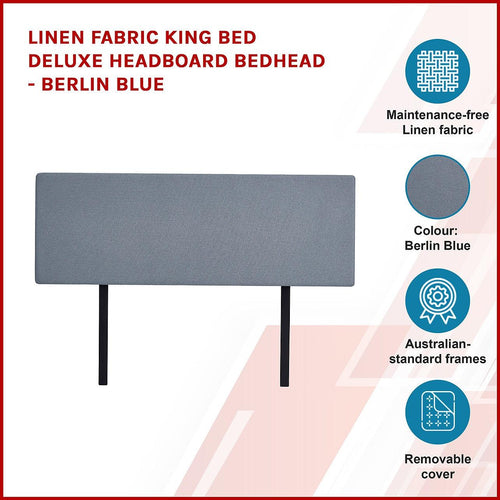 Linen Fabric Rectangular King Bed Deluxe Headboard Bedhead Berlin Blue 