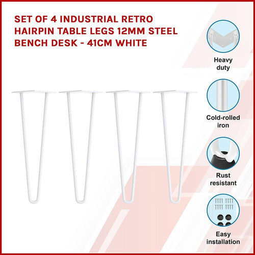 Set of 4 White Industrial Retro Hairpin Table Legs 12mm Steel Bench Desk - 41cm