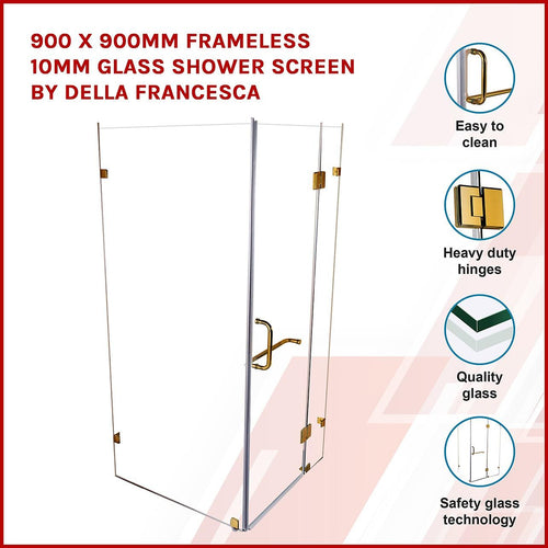 90 x 90cm Frameless 10mm Glass Shower Screen By Della Francesca GOLD Hardware, SQUARE Handle