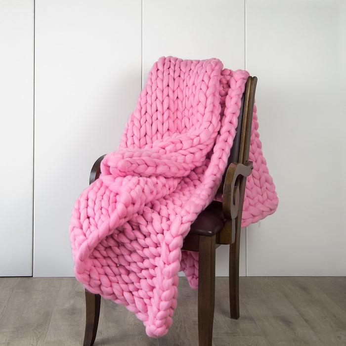 Hand Knitted Chunky Blanket Thick Acrylic Yarn Blanket Home Decor Throw Rug - Pink