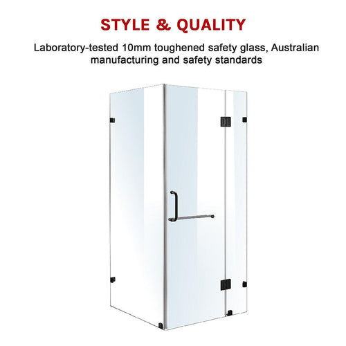 90 x 70cm Frameless 10mm Glass Shower Screen By Della Francesca BLACK Hardware, ROUND Handle