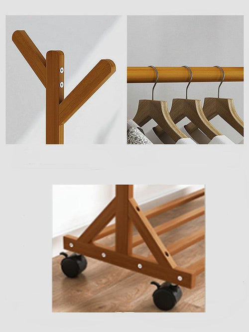 Portable Clothes Rack Coat Garment Stand Bamboo Rail Hanger Airer Closet - Dark Wood