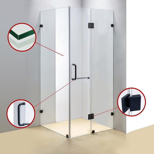 90 x 80cm Frameless 10mm Glass Shower Screen By Della Francesca BLACK Hardware, ROUND Handle