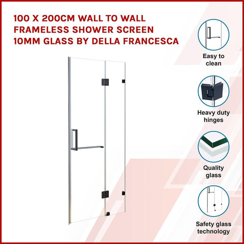 100 x 200cm Wall to Wall Frameless Shower Screen in Black Hardware, Square Handle