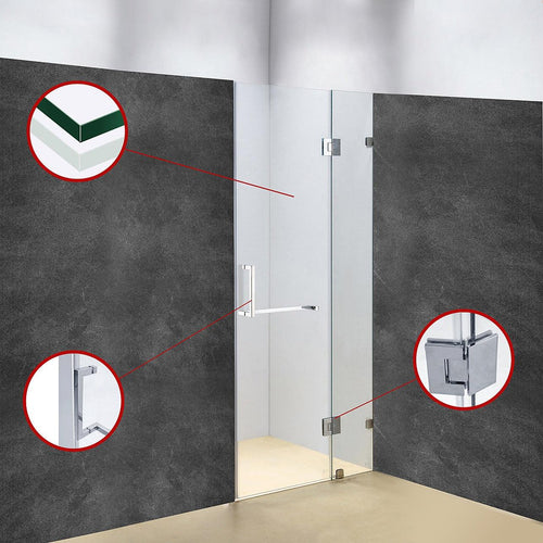 90 x 200cm Wall to Wall Frameless Shower Screen in CHROME Hardware, SQUARE Handle