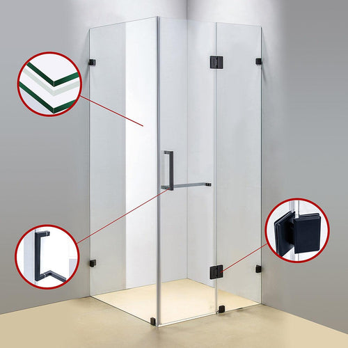110 x 100cm Frameless 10mm Glass Shower Screen By Della Francesca BLACK Hardware, SQUARE Handle