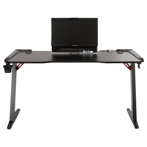 LED Gaming Desk Computer Table with Cup Holder Headphone Hook Cable Hole