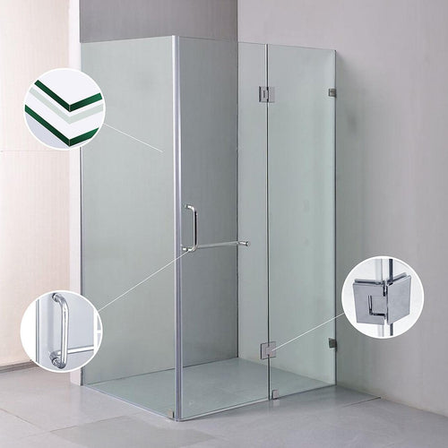 90 x 80cm Frameless 10mm Glass Shower Screen By Della Francesca CHROME Hardware, ROUND Handle