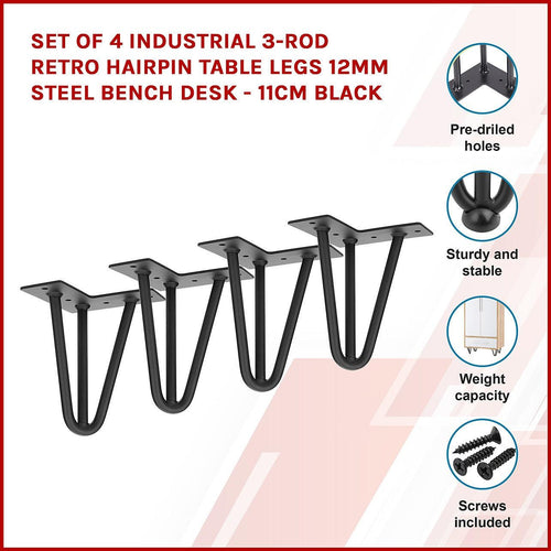 Set of 4 Industrial 3-Rod Retro Hairpin Table Legs 12mm Steel Bench Desk - 11cm Black