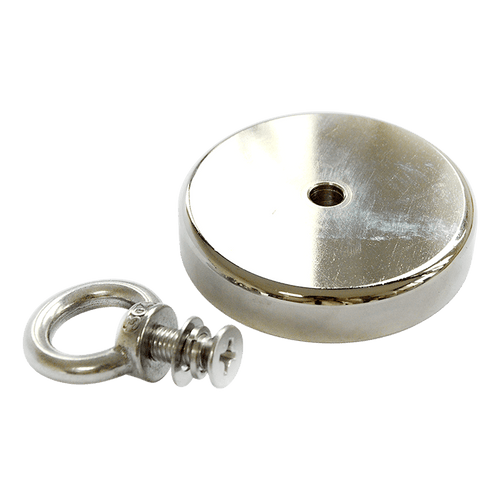 Round Neodymium Fishing Magnet with Countersunk Hole and Eyebolt, 500 LBS pull