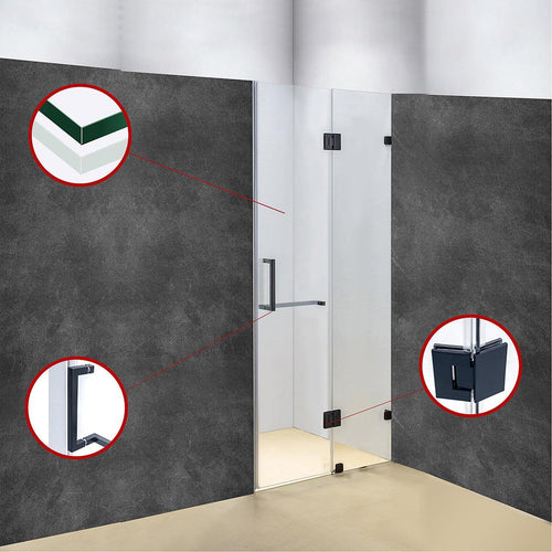 110 x 200cm Wall to Wall Frameless Shower Screen in Black Hardware, Square Handle