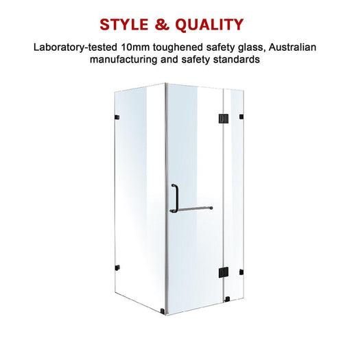 90 x 90cm Frameless 10mm Glass Shower Screen By Della Francesca BLACK Hardware, ROUND Handle