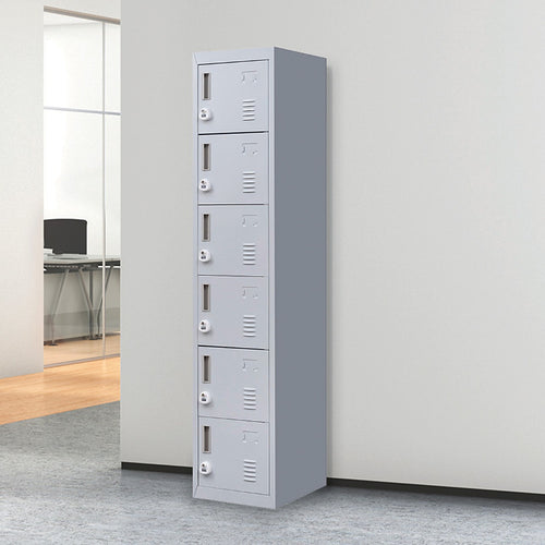 6-Door Grey Metal Locker Cabinet – Vertical Storage with 3-Digit Combination Lock for Office, School