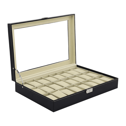 Watch Box - 24 Slot Luxury Display Case With Framed Glass Lid
