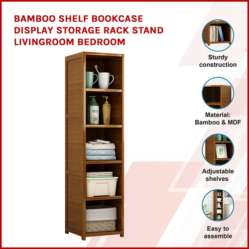 Bamboo 5-Shelf Bookcase – Tall Display Storage Rack Stand for Living Room, Bedroom or Home Organisation