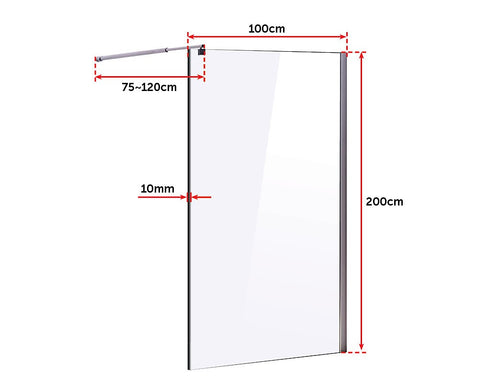 100 x 200cm Frameless 10mm Safety Glass Shower Screen in Round Chrome