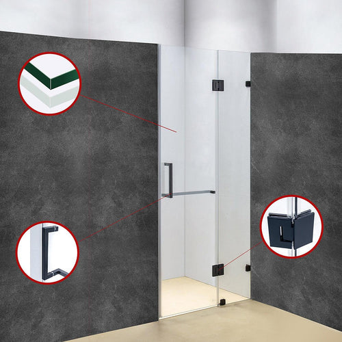 90 x 200cm Wall to Wall Frameless Shower Screen in Black Hardware, Square Handle
