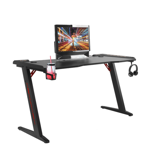 LED Gaming Desk Computer Table with Cup Holder Headphone Hook Cable Hole