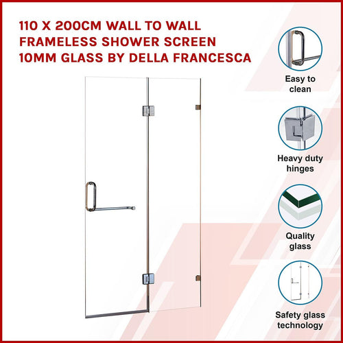 110 x 200cm Wall to Wall Frameless Shower Screen in Nickel Hardware, Round Handle