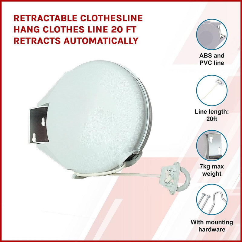 Retractable Clothesline Hang Clothes Line 20 Ft Retracts Automatically ...