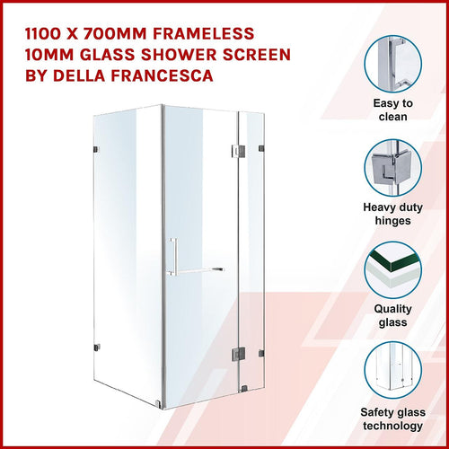 110 x 70cm Frameless 10mm Glass Shower Screen By Della Francesca CHROME Hardware,SQUARE Handle