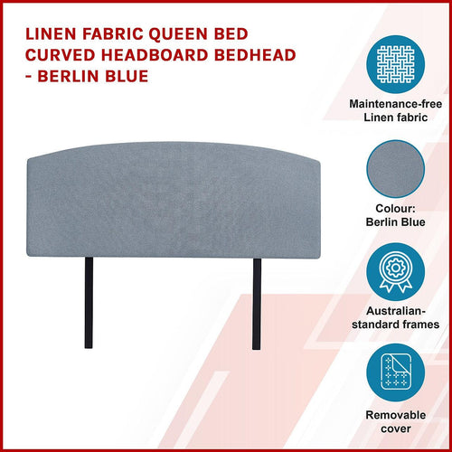 Linen Fabric Curved Queen Bed Deluxe Headboard Bedhead Berlin Blue 
