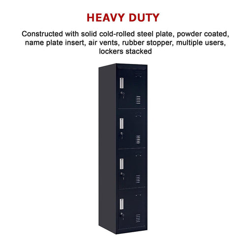 Black 4-Door Locker for Office Gym Shed School Home Storage - Standard Lock with 2 Keys