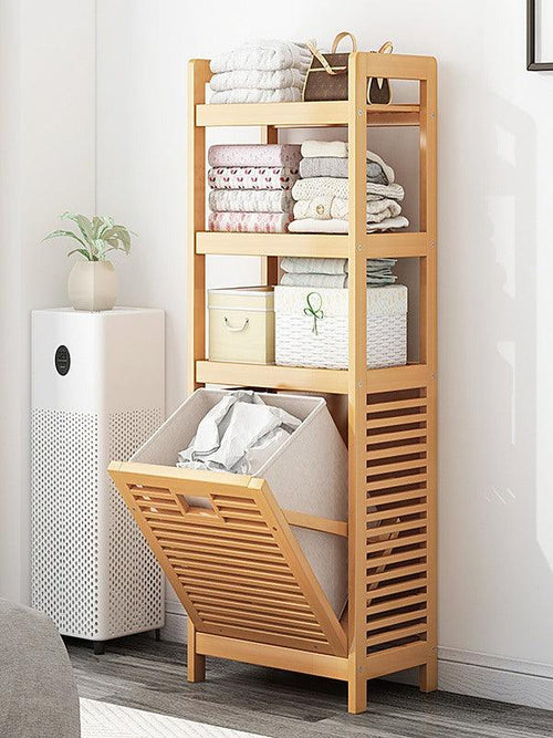 Bamboo 2-in-1 Laundry Hamper Side Table with 2 Shelves and Clothes Basket
